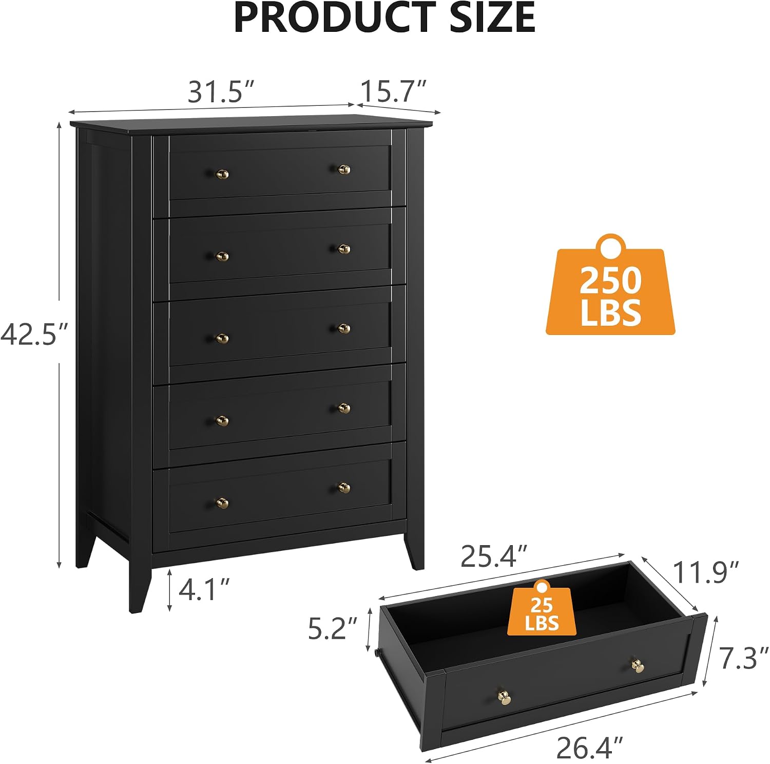 Black Five Drawer Storage Dresser