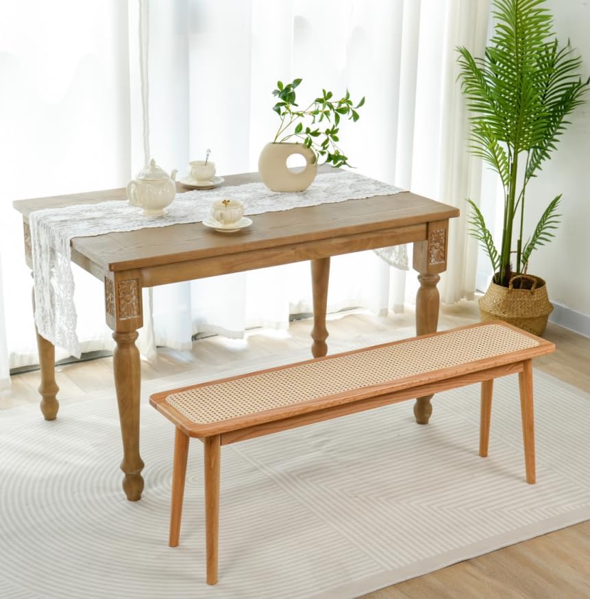 Natural Rattan Top Wood Bench