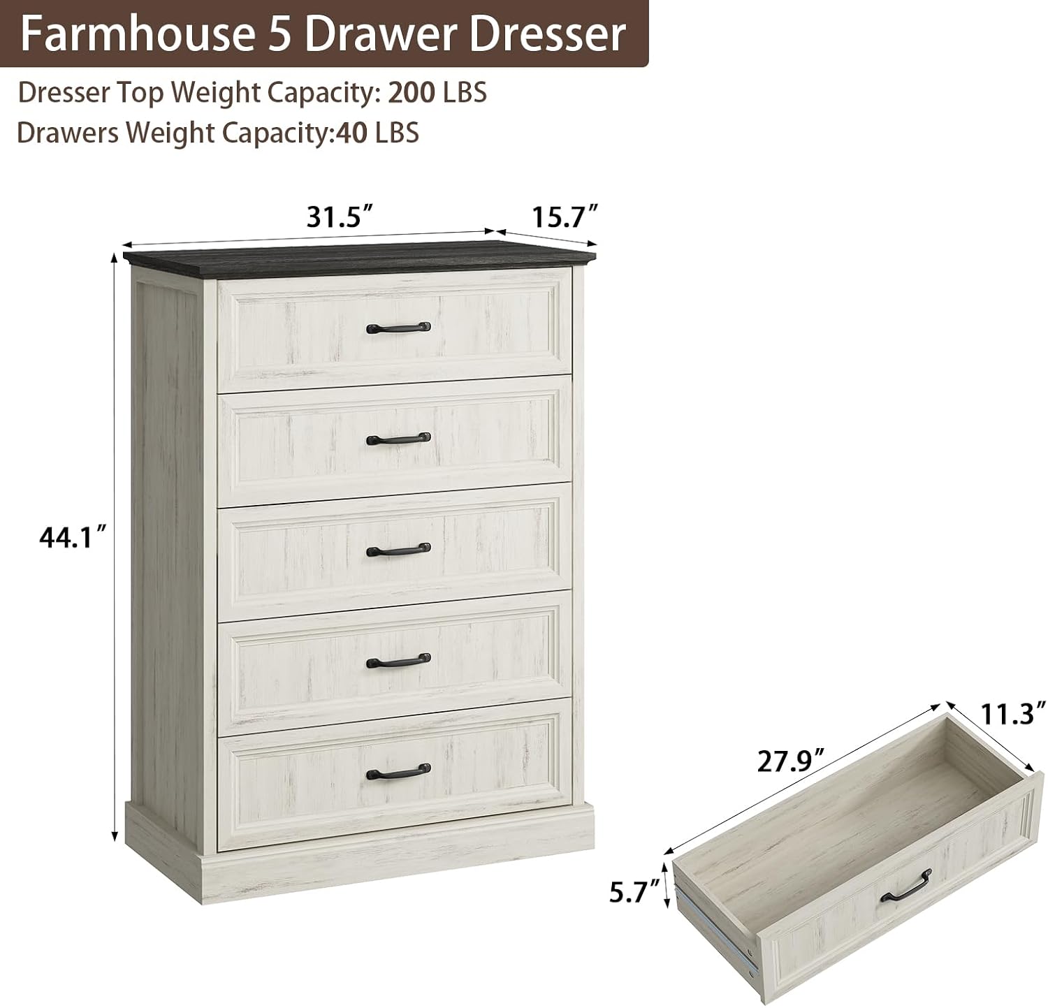 White Farmhouse Five Drawer Dresser
