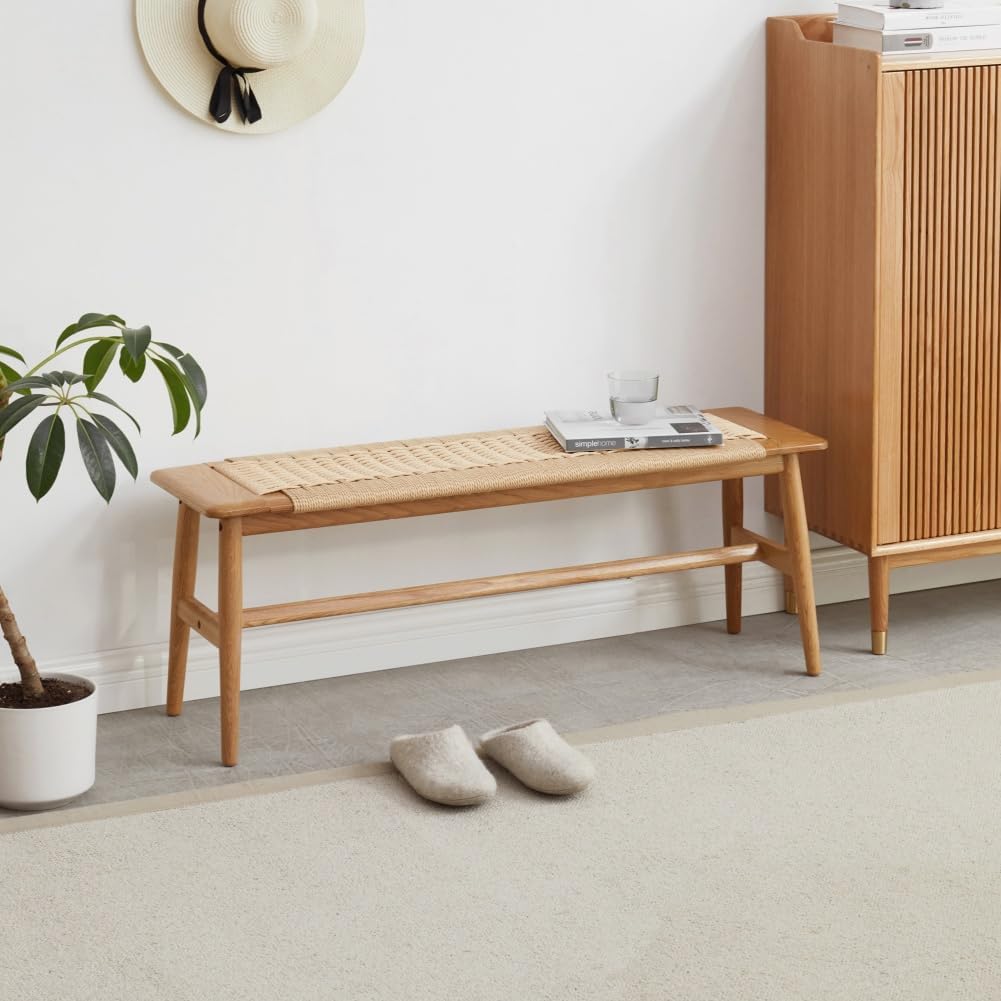 Oak Rattan Woven Dining Bench
