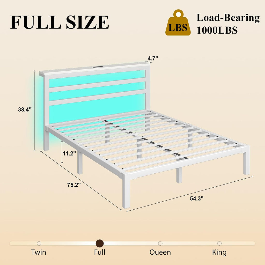 White Full LED Storage Metal Bed Frame
