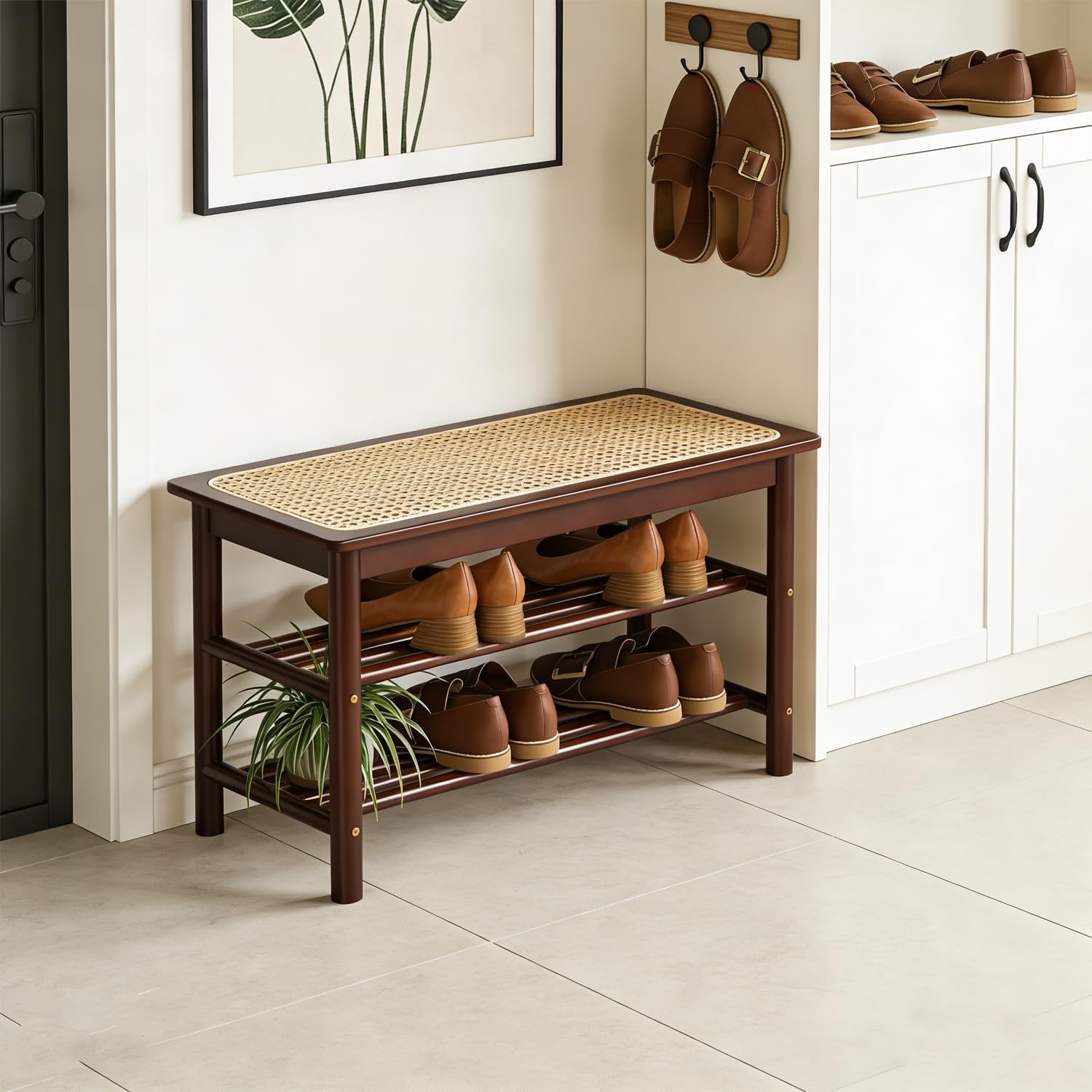 Bamboo Rattan Storage Shoe Bench
