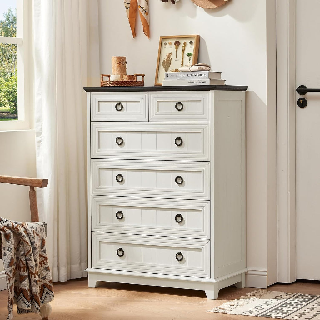 White Farmhouse Six Drawer Dresser