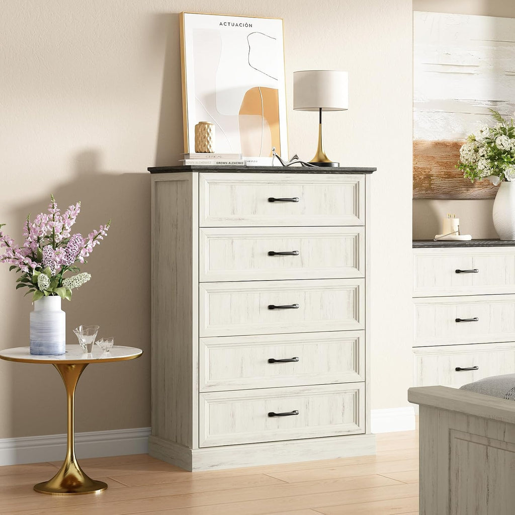 White Farmhouse Five Drawer Dresser