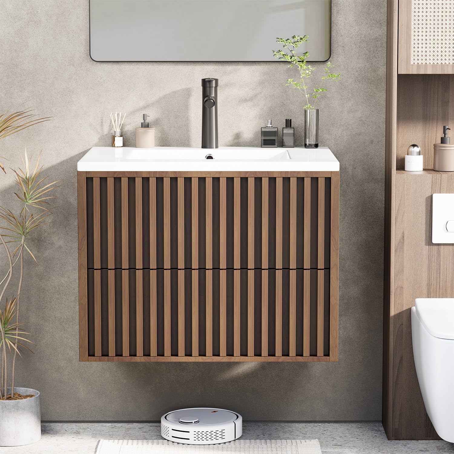 Walnut Fluted Drawer Floating Vanity