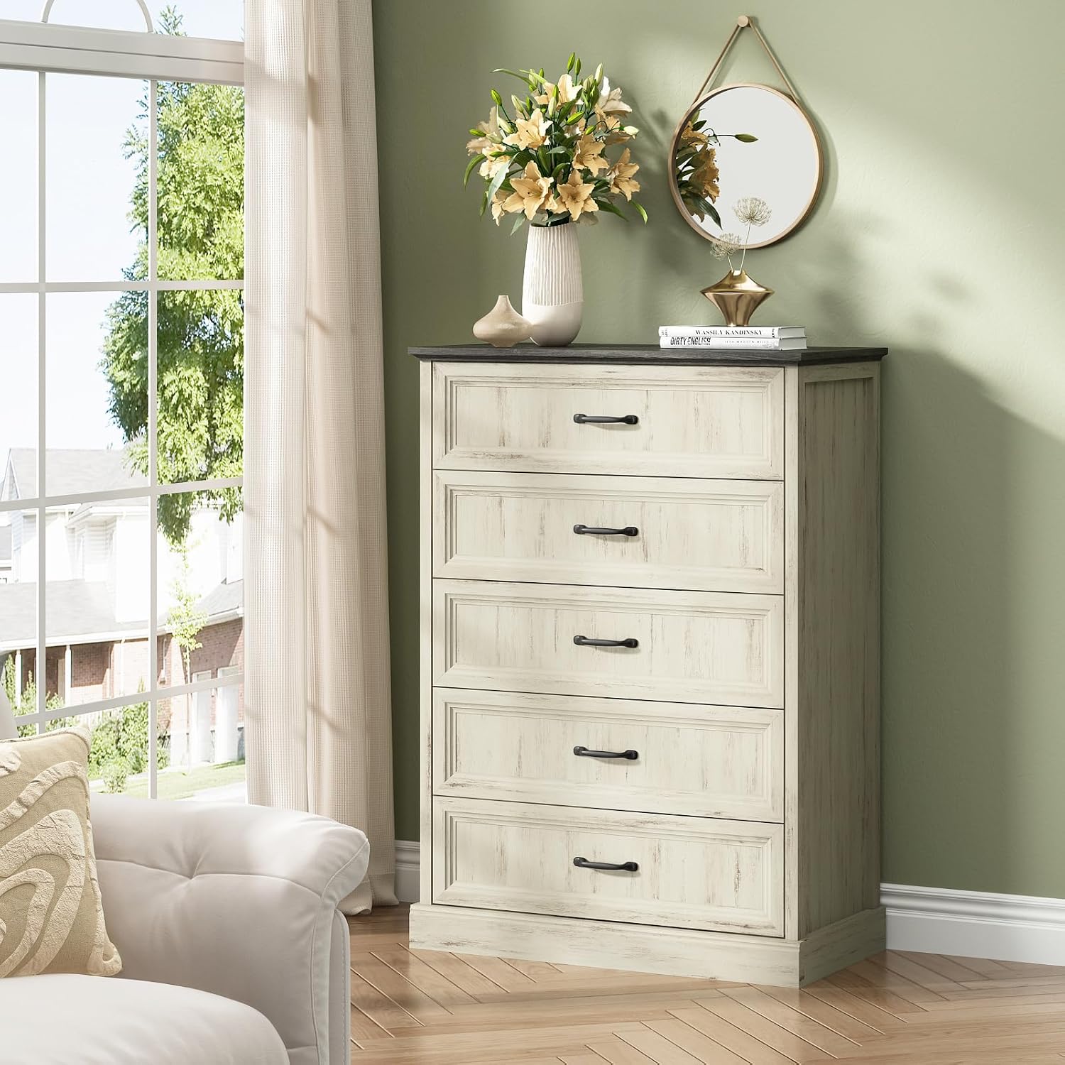 White Farmhouse Five Drawer Dresser