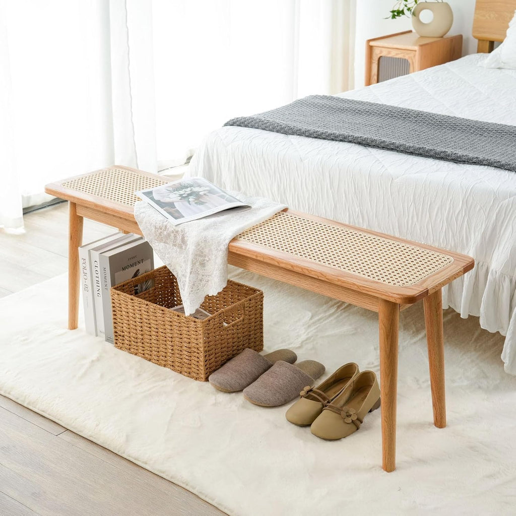 Natural Rattan Top Wood Bench