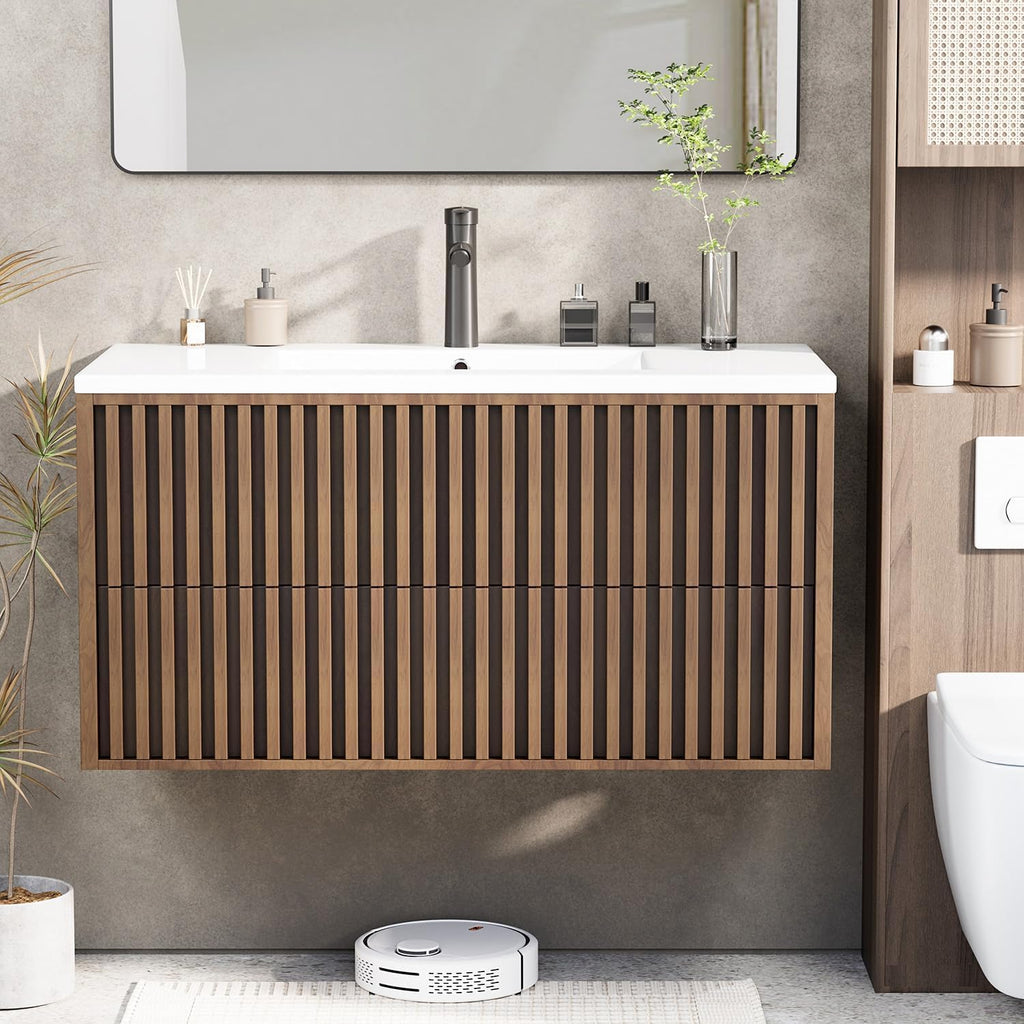 Walnut Fluted Drawer Floating Vanity