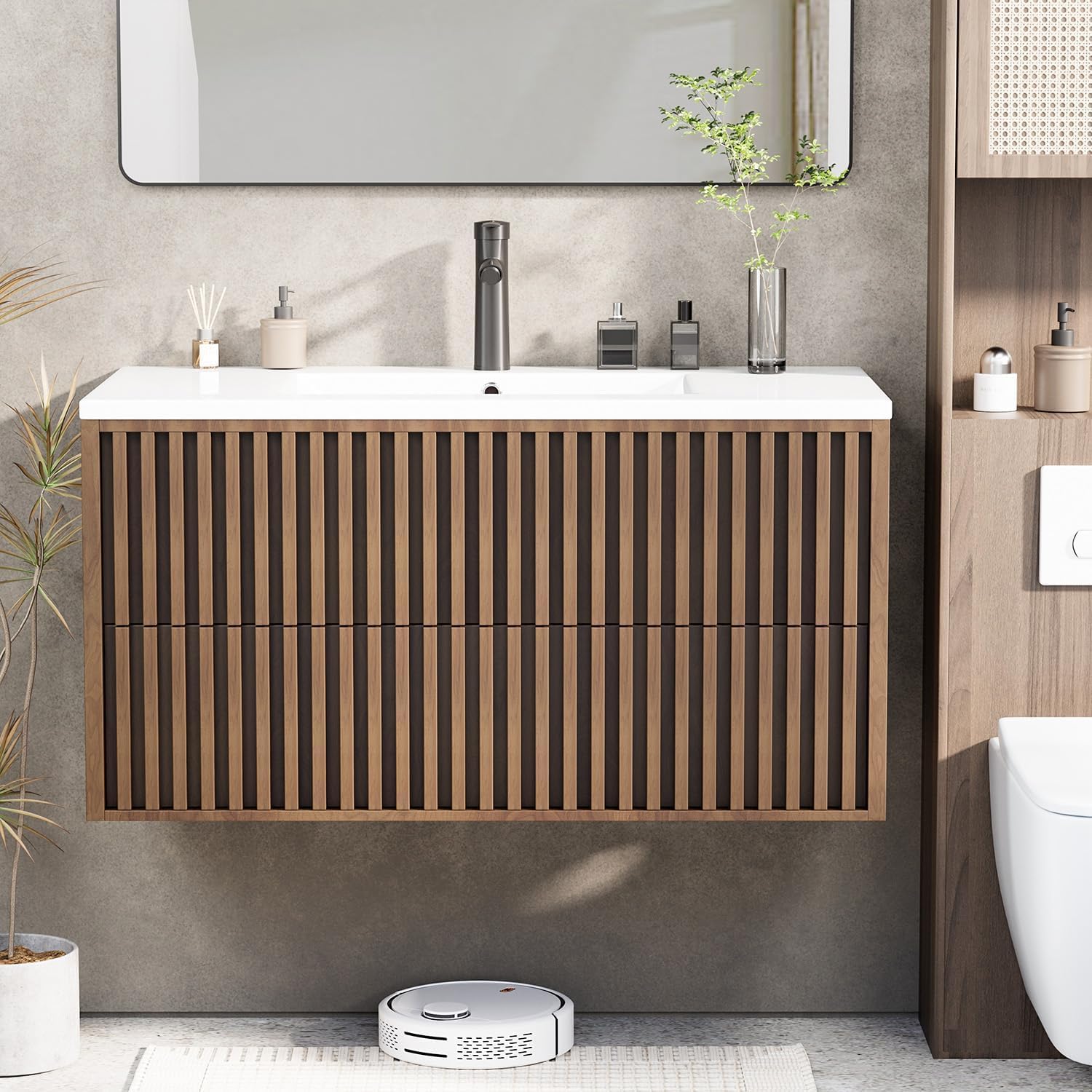 Walnut Fluted Drawer Floating Vanity