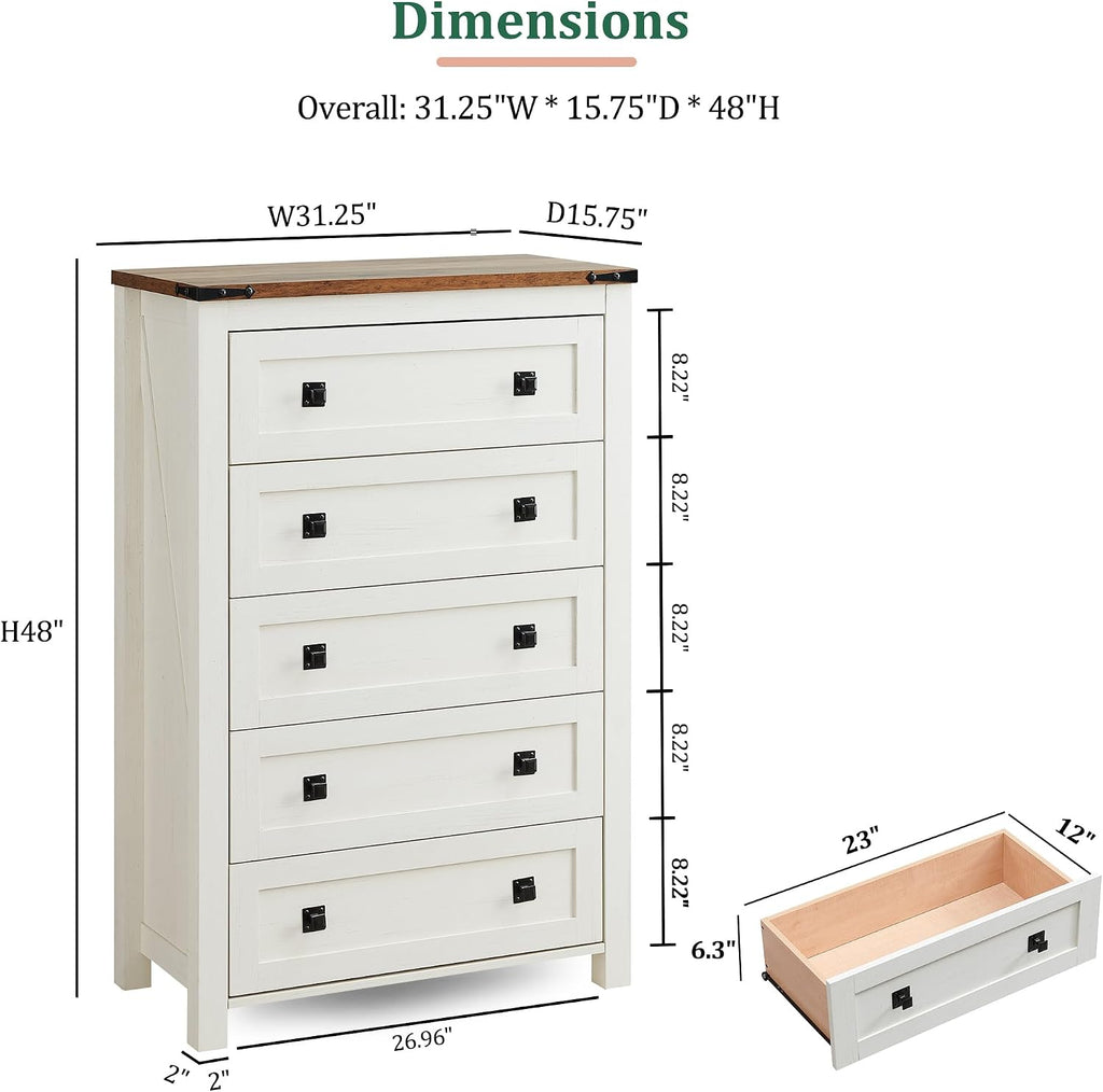Antique White Five Drawer Dresser