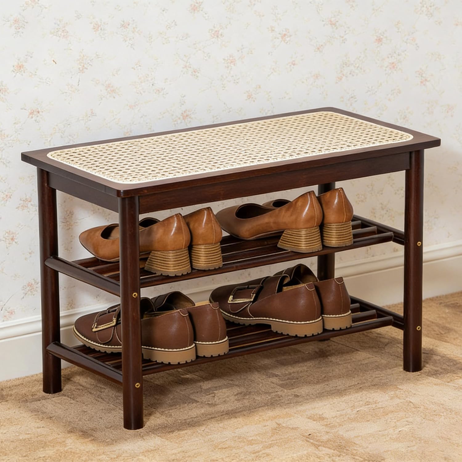 Bamboo Rattan Storage Shoe Bench