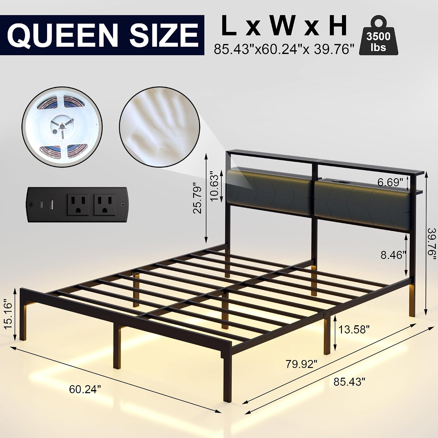 Queen LED Storage Metal Bed Frame
