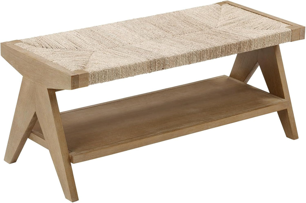 Light Wood Seagrass Storage Bench