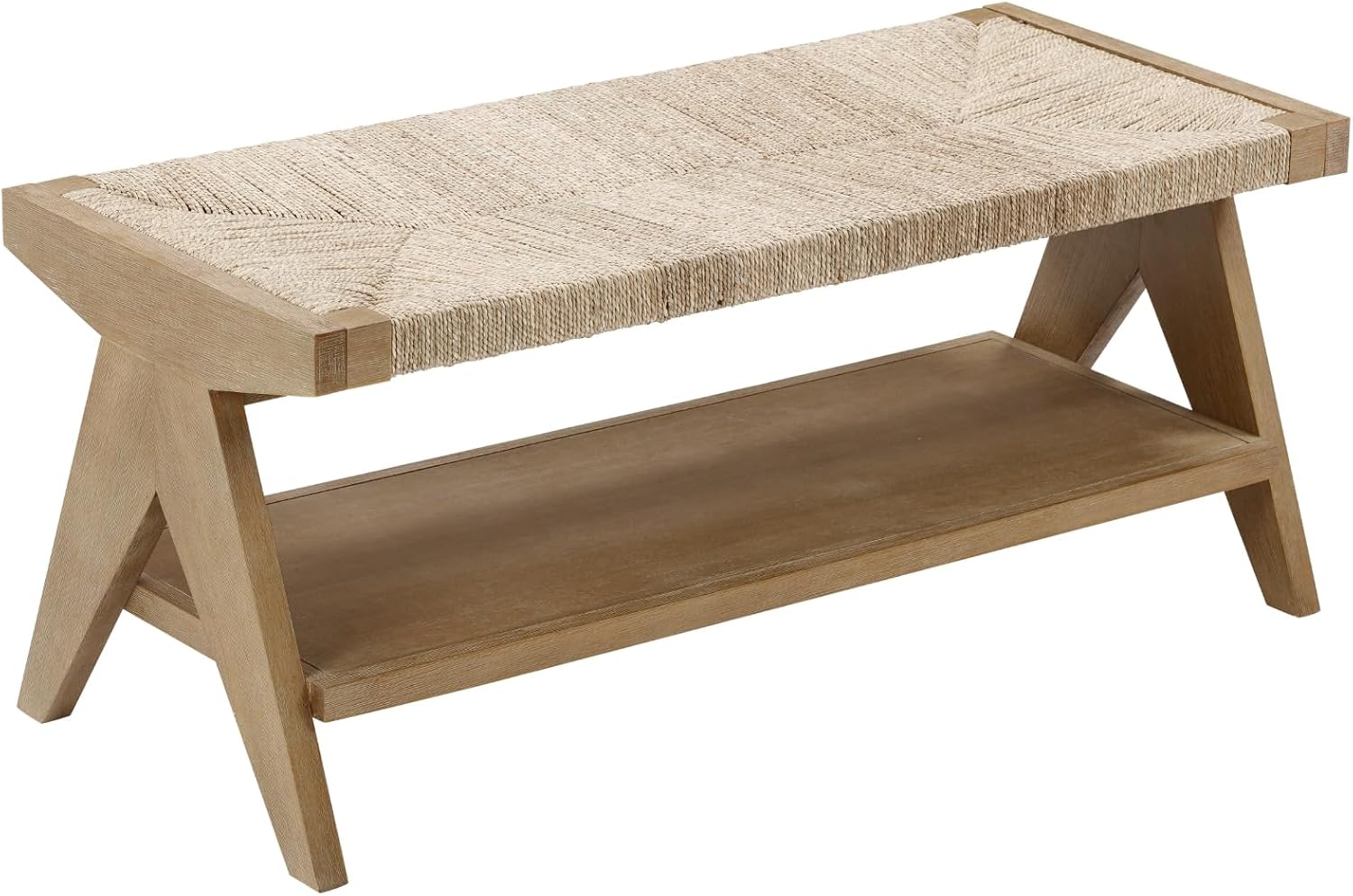 Light Wood Seagrass Storage Bench