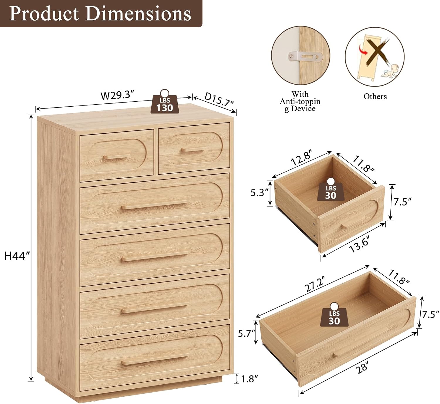 Natural Six Drawer Wooden Dresser