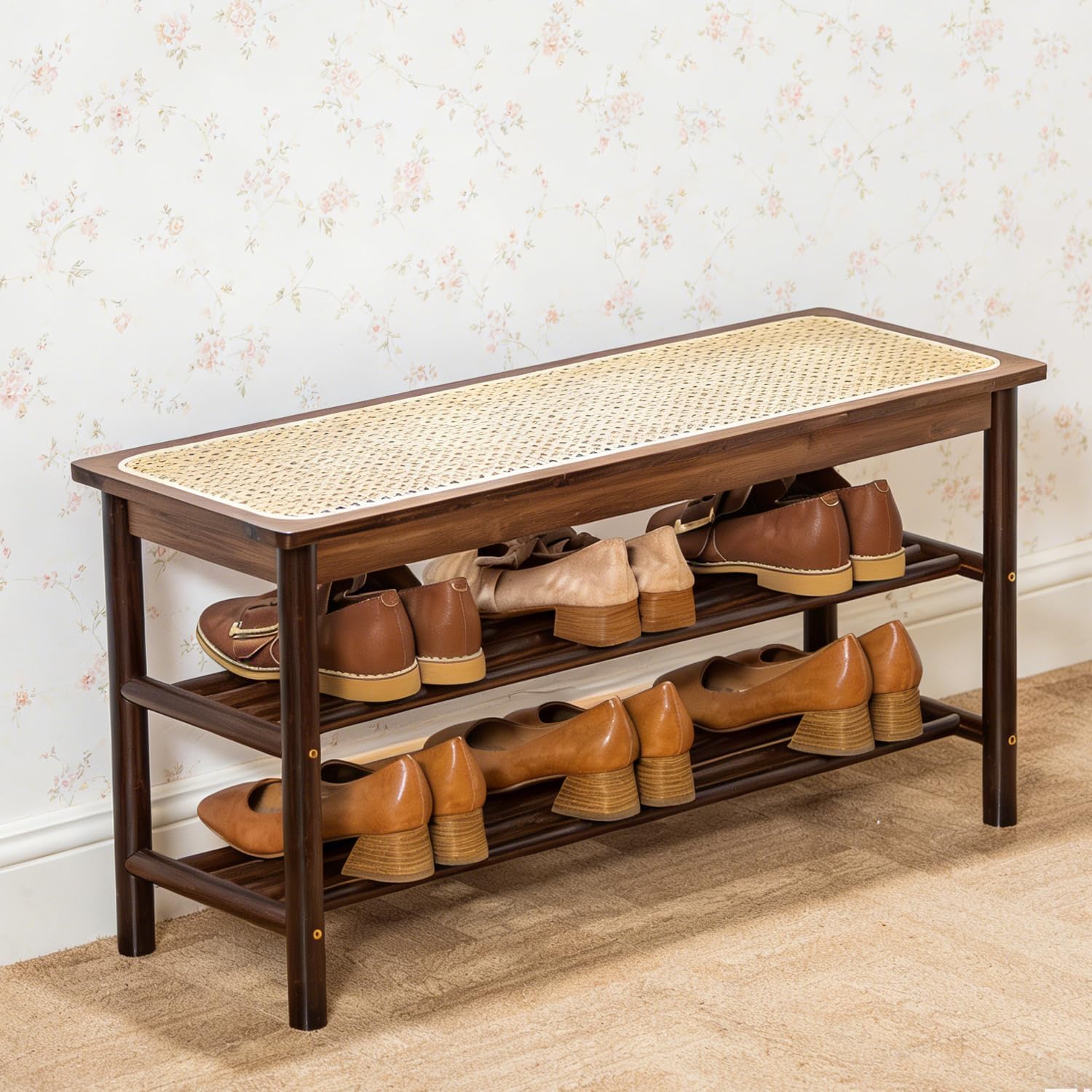 Bamboo Rattan Storage Shoe Bench