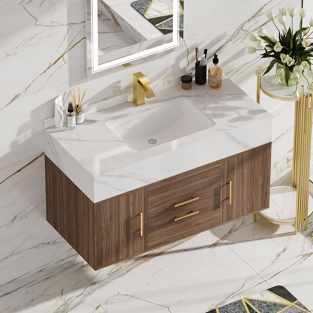 Walnut Stone Top Floating Vanity
