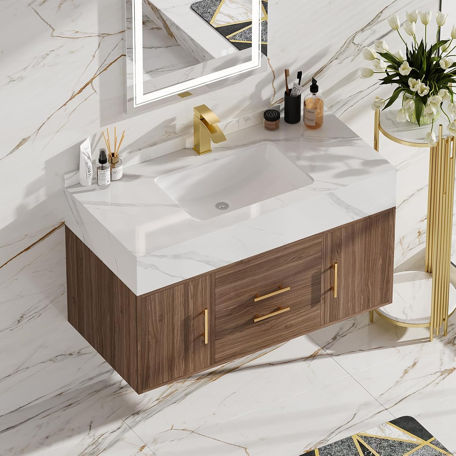 Walnut Stone Top Floating Vanity