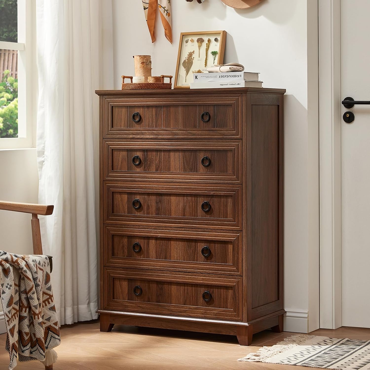 Brown Farmhouse Five Drawer Dresser