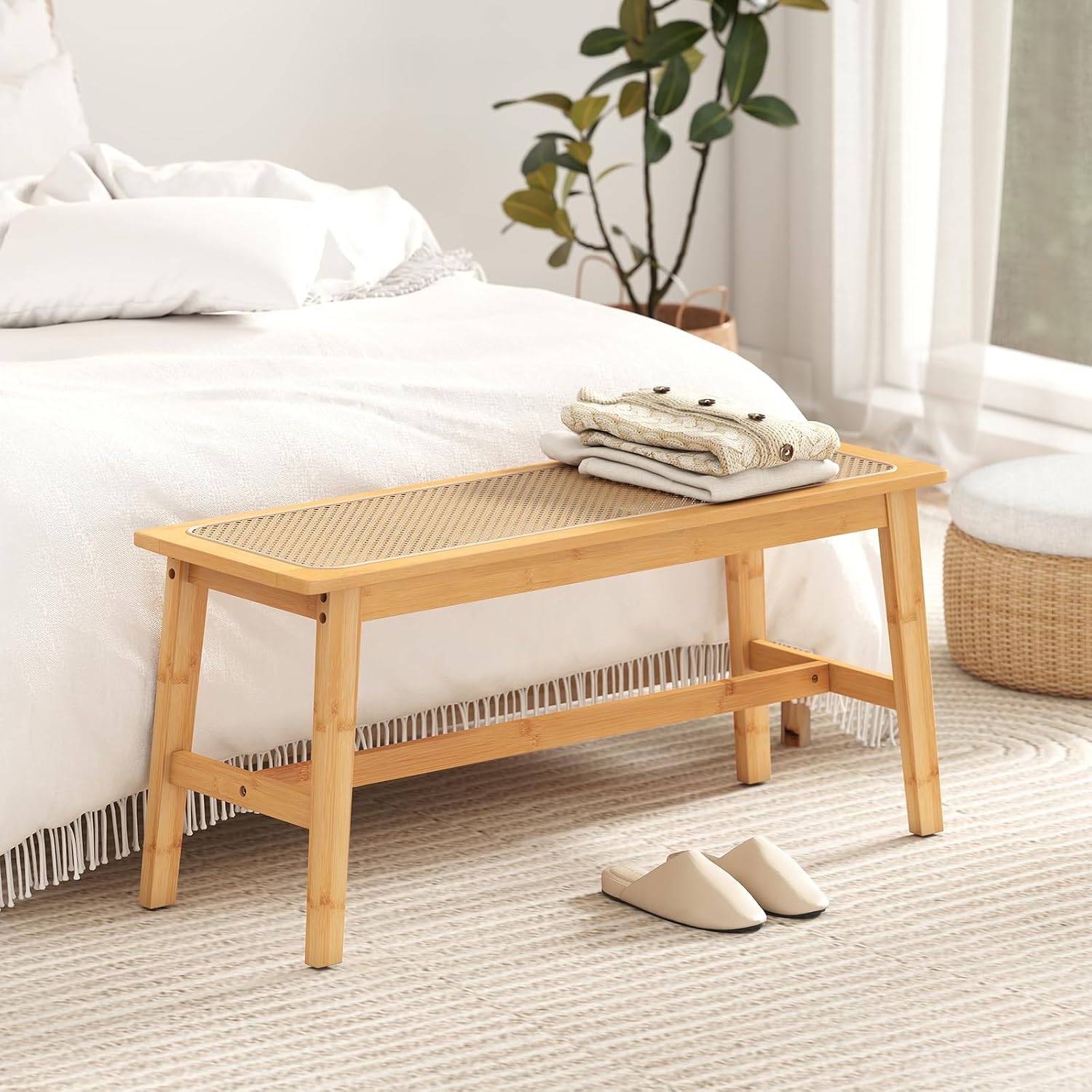 Bamboo Rattan Farmhouse Bench