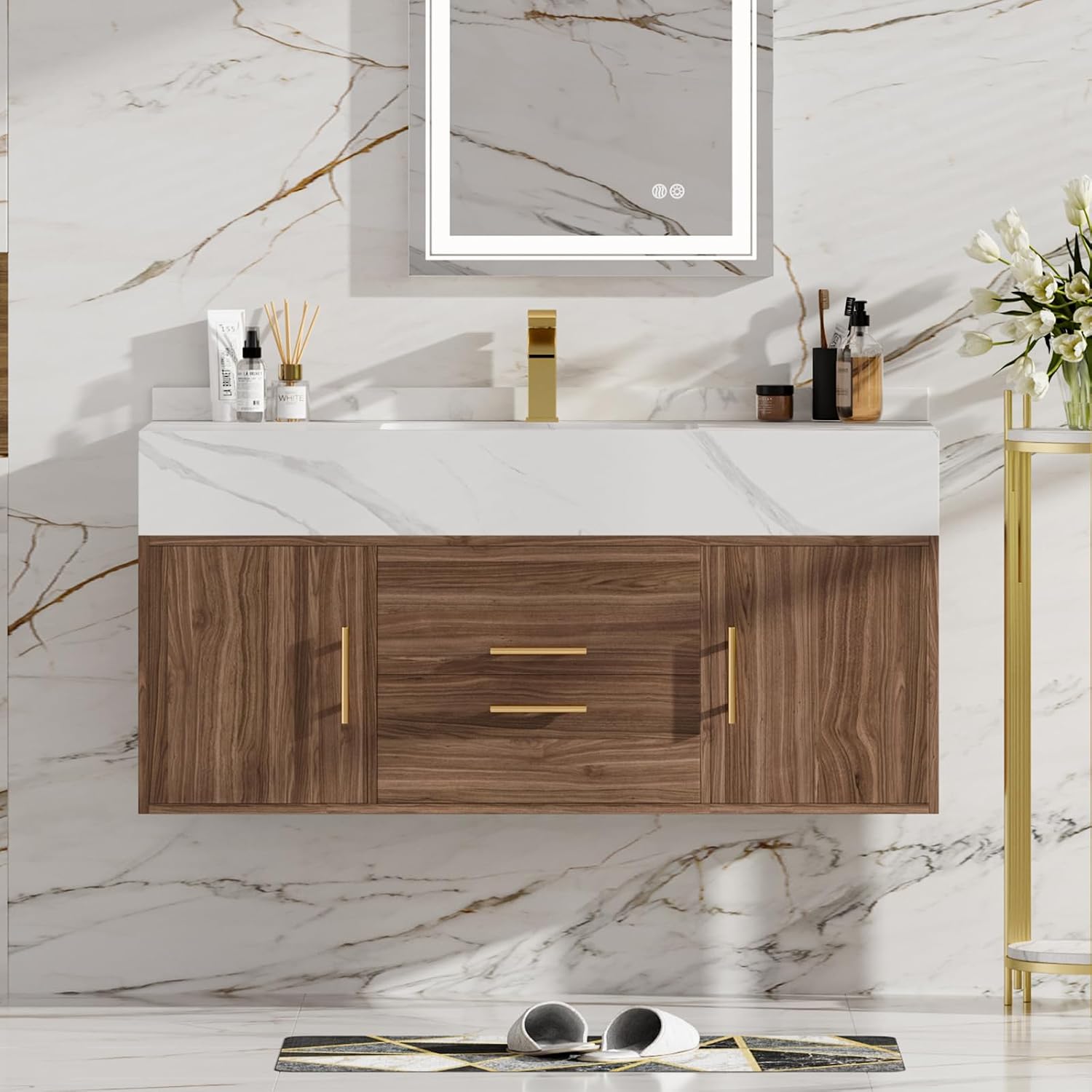Walnut Stone Top Floating Vanity