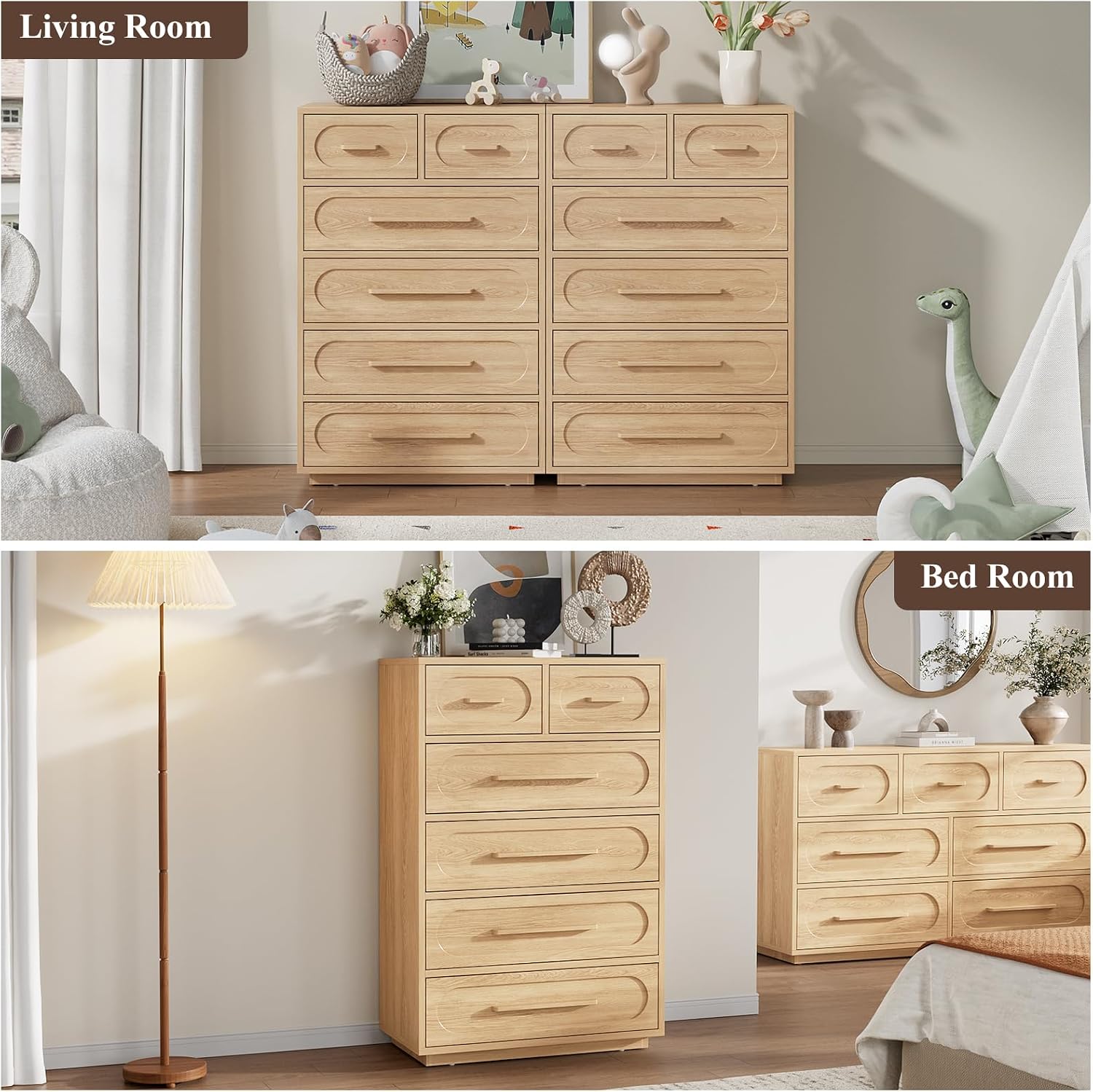Natural Six Drawer Wooden Dresser
