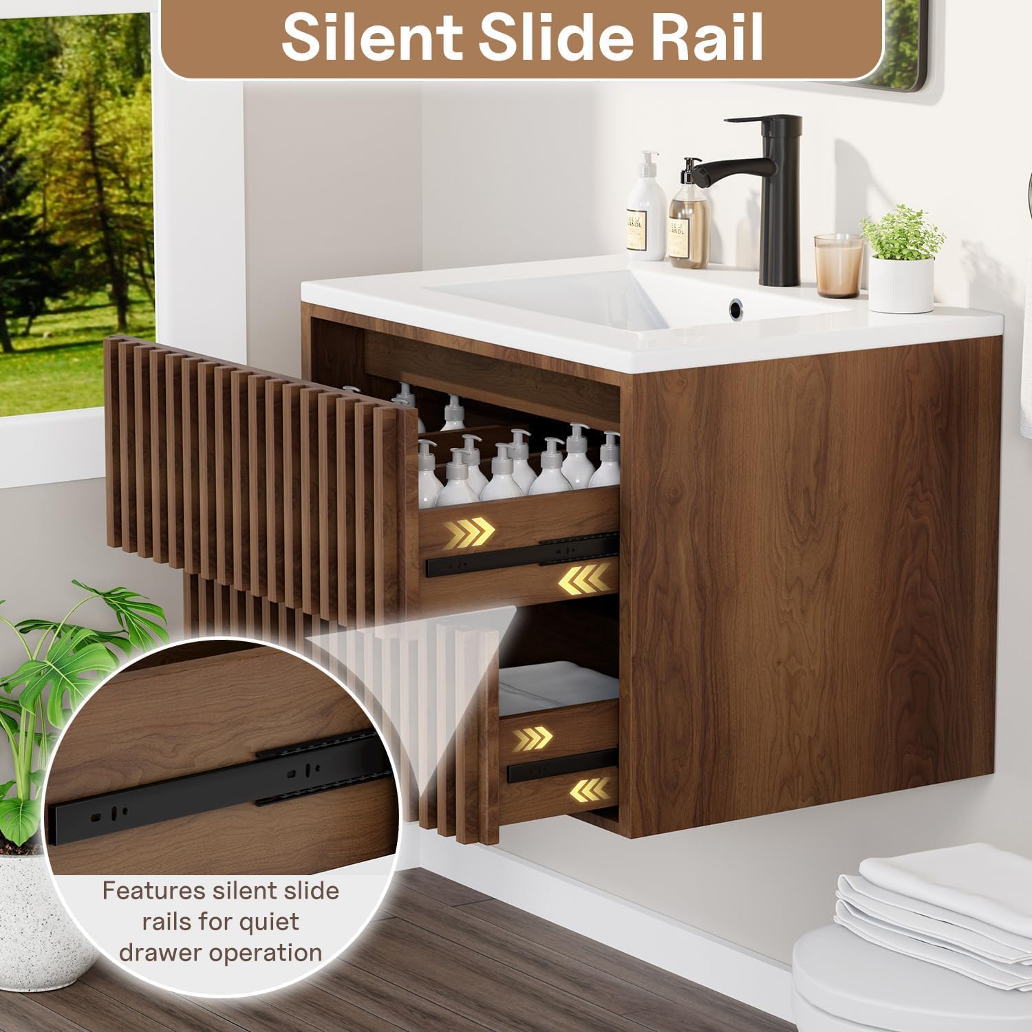 Walnut Fluted Drawer Floating Vanity