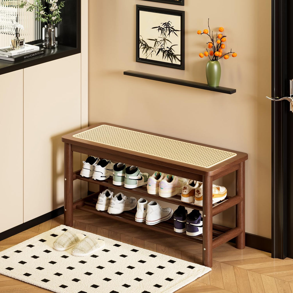 Bamboo Rattan Storage Shoe Bench