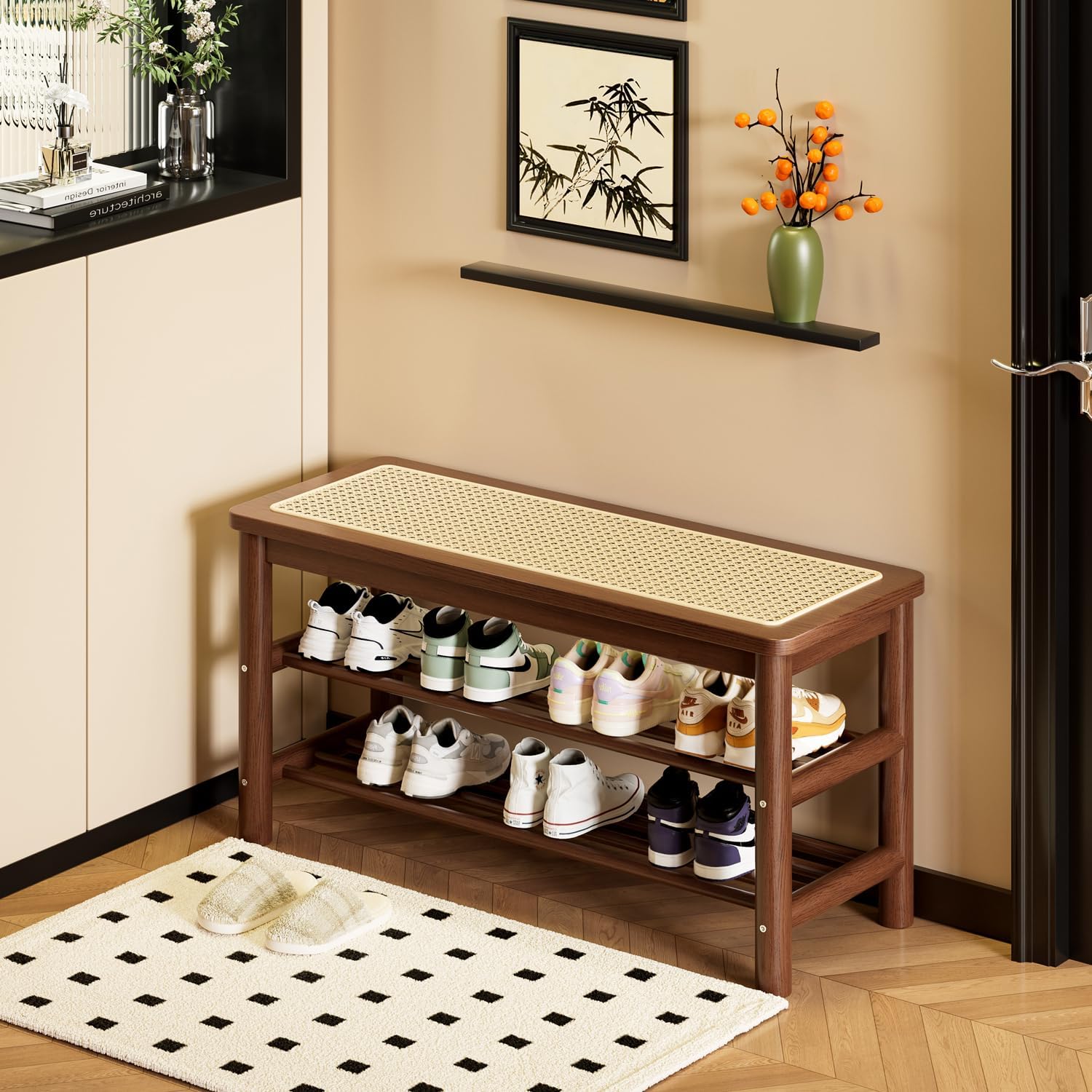 Bamboo Rattan Storage Shoe Bench