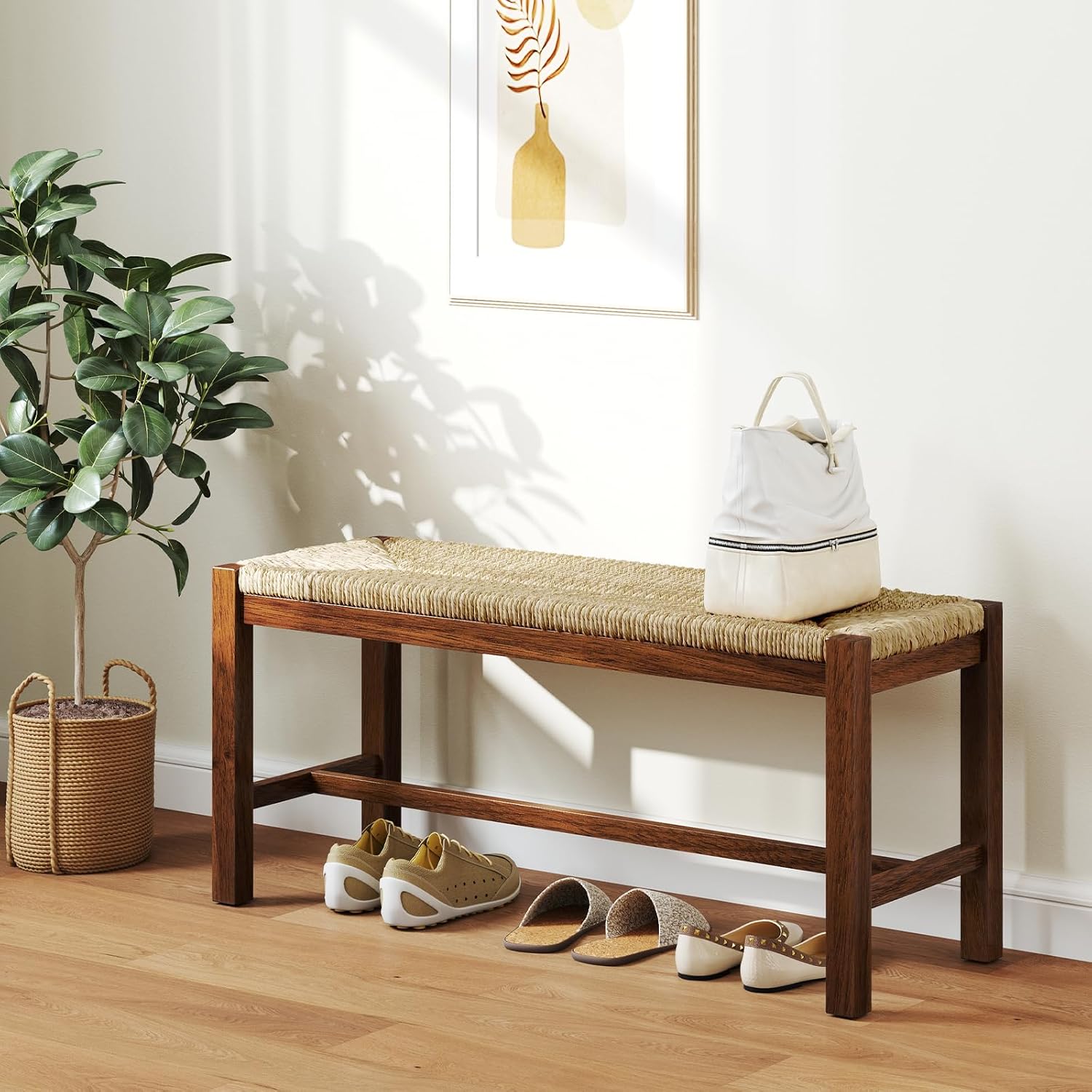 Rubber Wood Seagrass Dining Bench