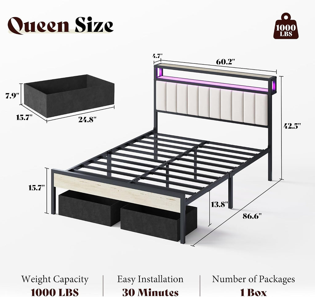 White Queen Velvet LED Storage Bed