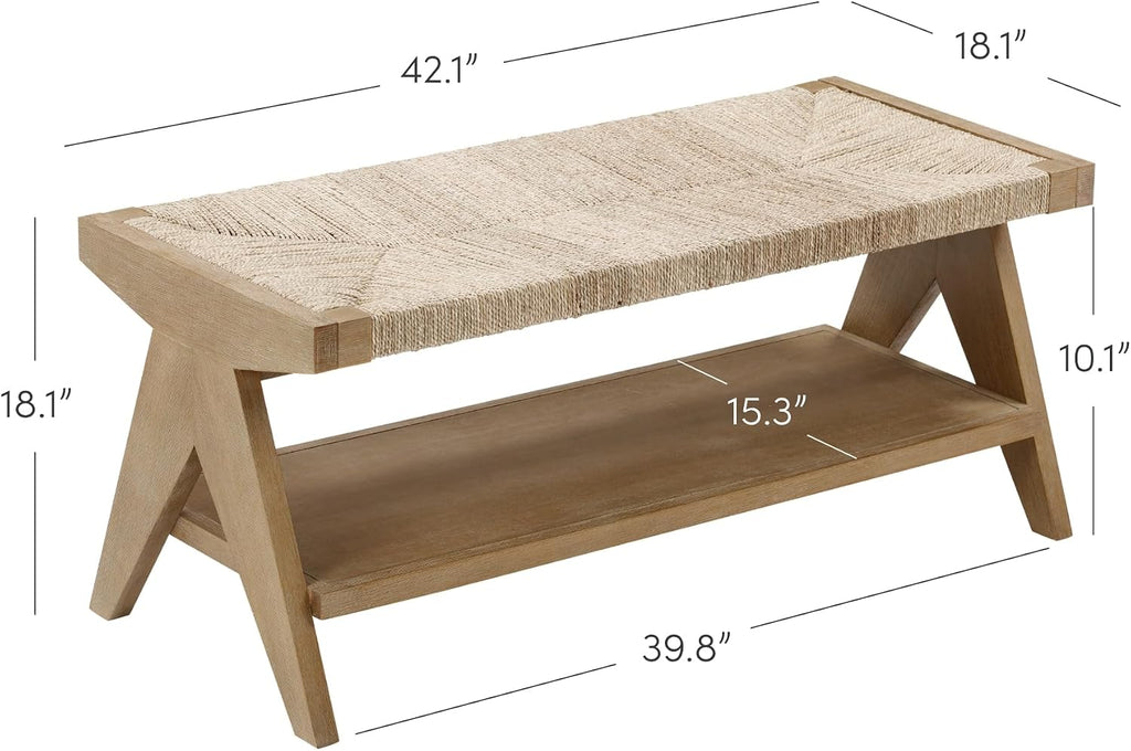 Light Wood Seagrass Storage Bench