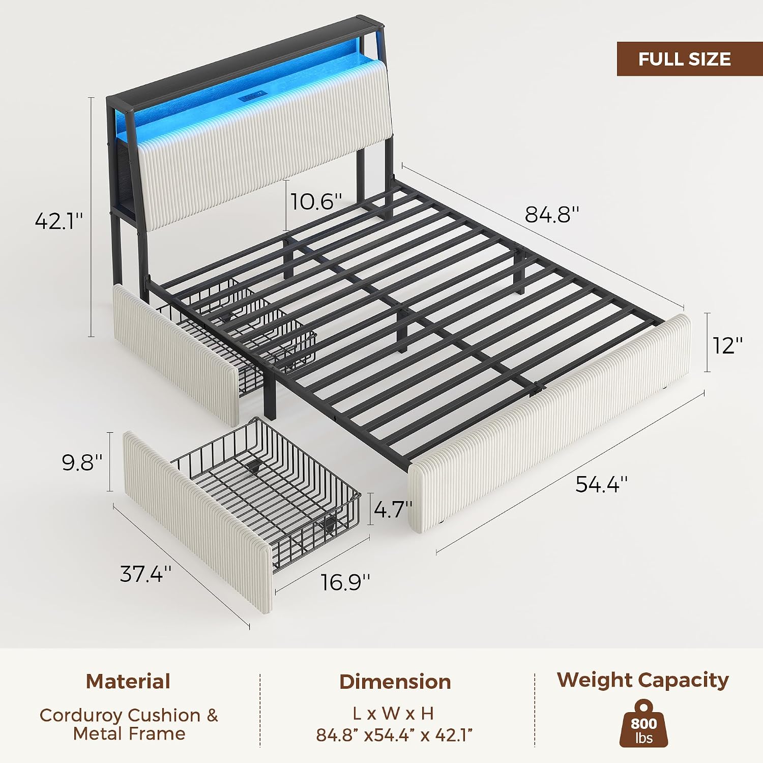 Beige Corduroy LED Storage Bed Frame
