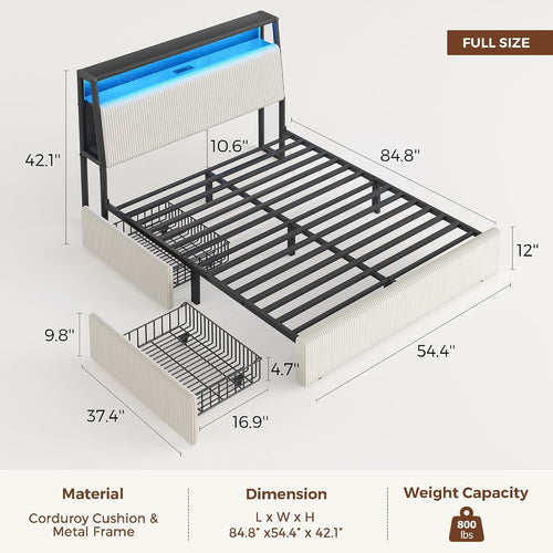 Beige Corduroy LED Storage Bed Frame