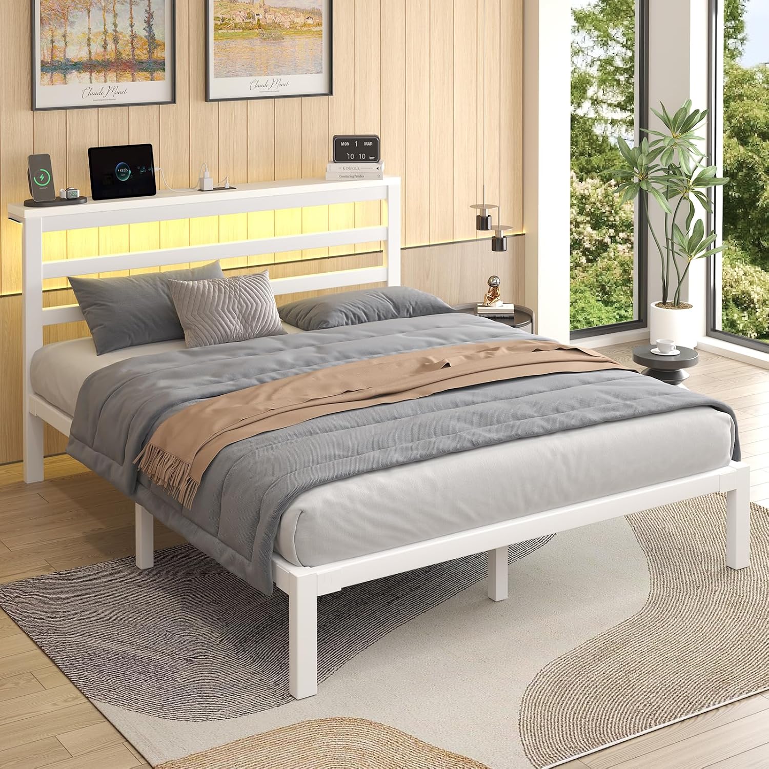 White Full LED Storage Metal Bed Frame