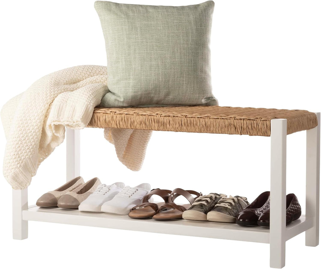 White Wood Woven Rope Bench