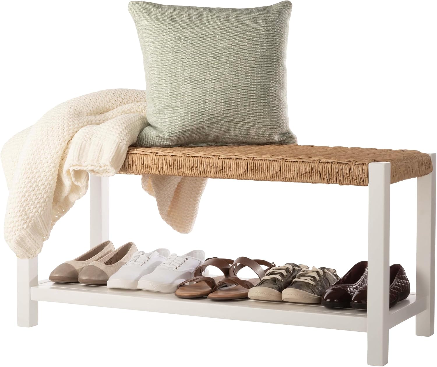 White Wood Woven Rope Bench