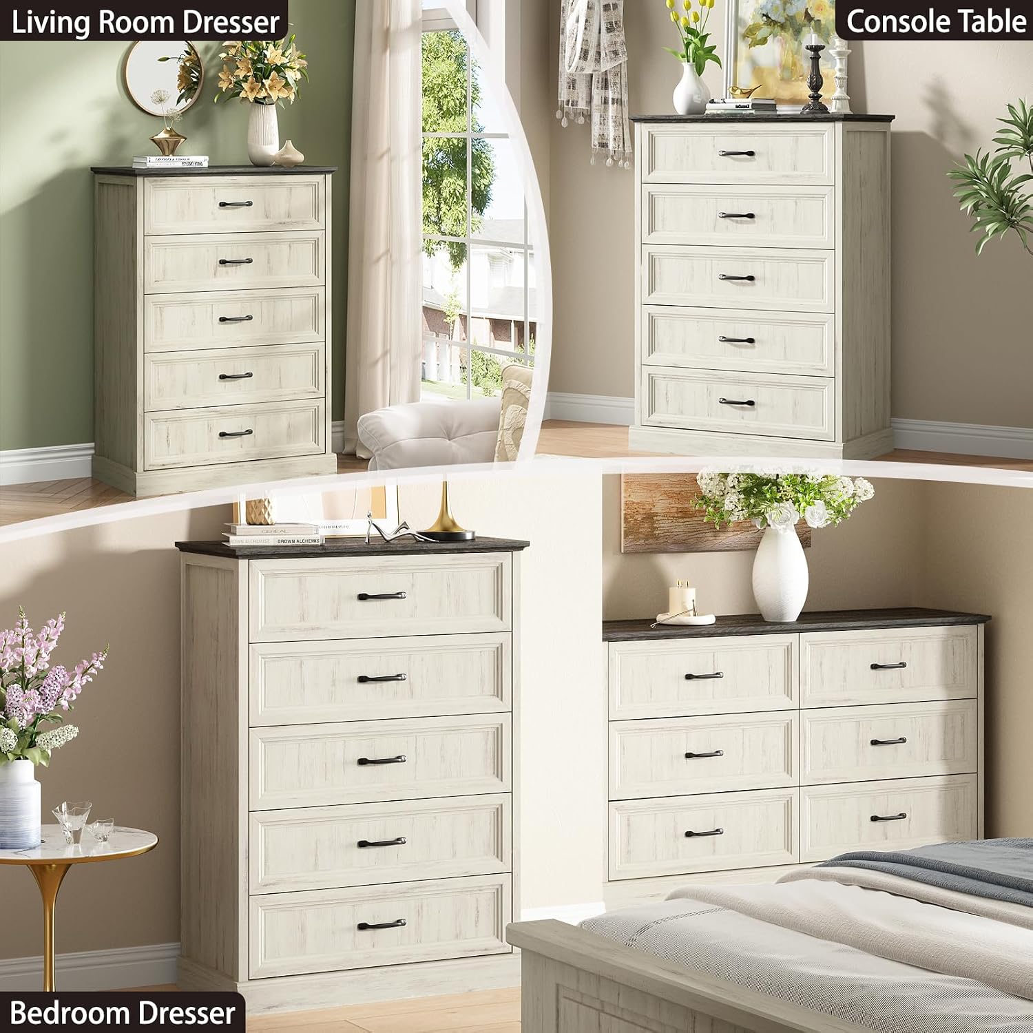 White Farmhouse Five Drawer Dresser