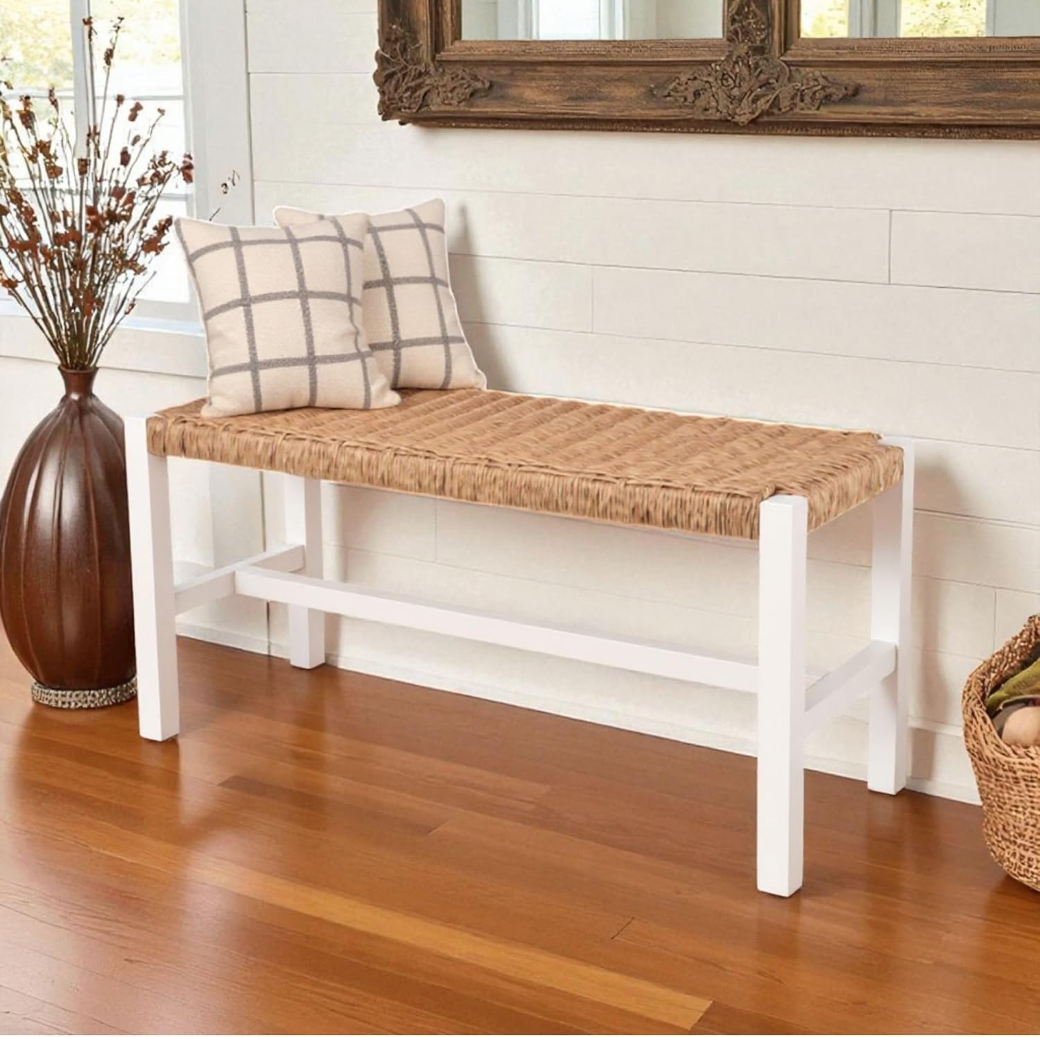 White Wood Woven Rope Bench
