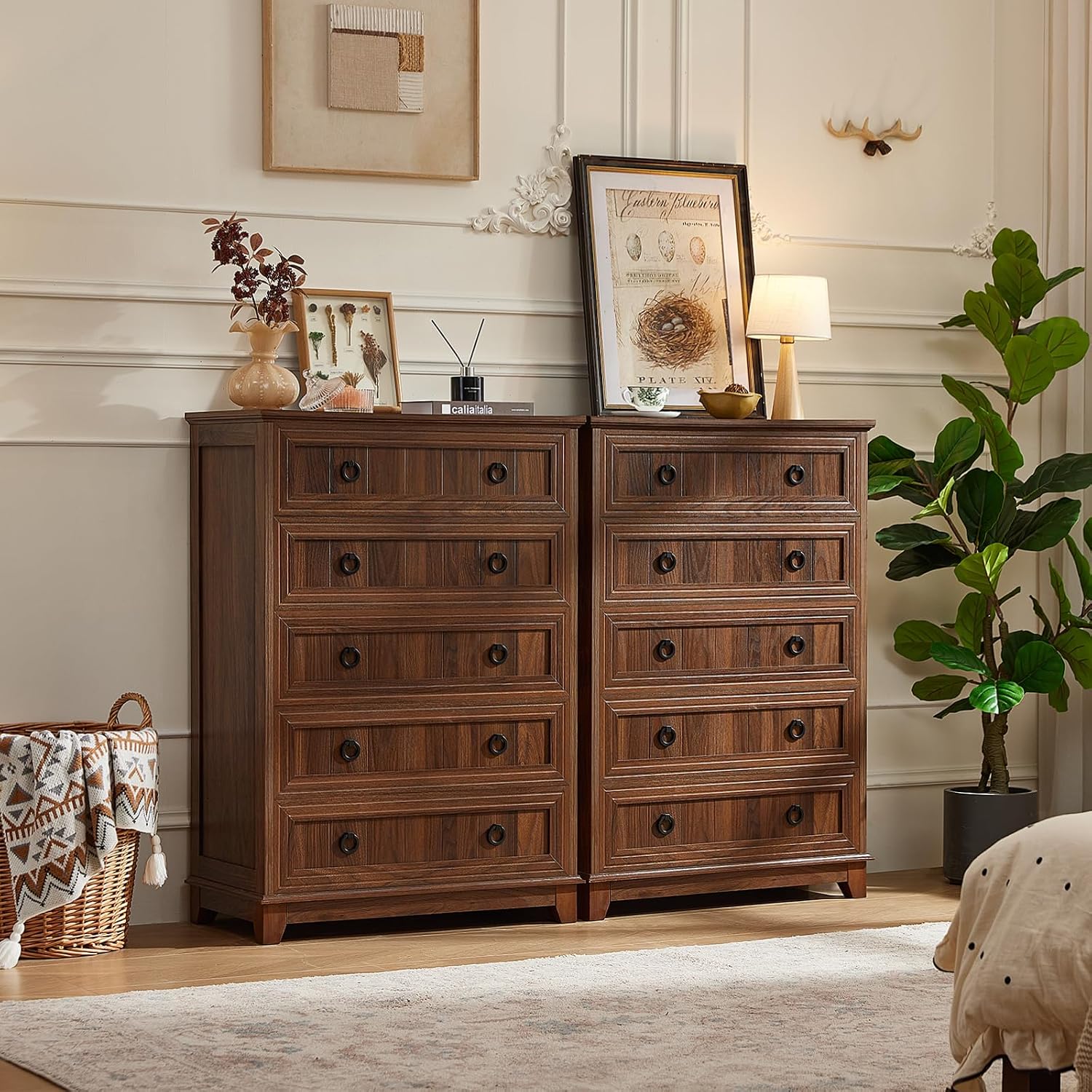 Brown Farmhouse Five Drawer Dresser