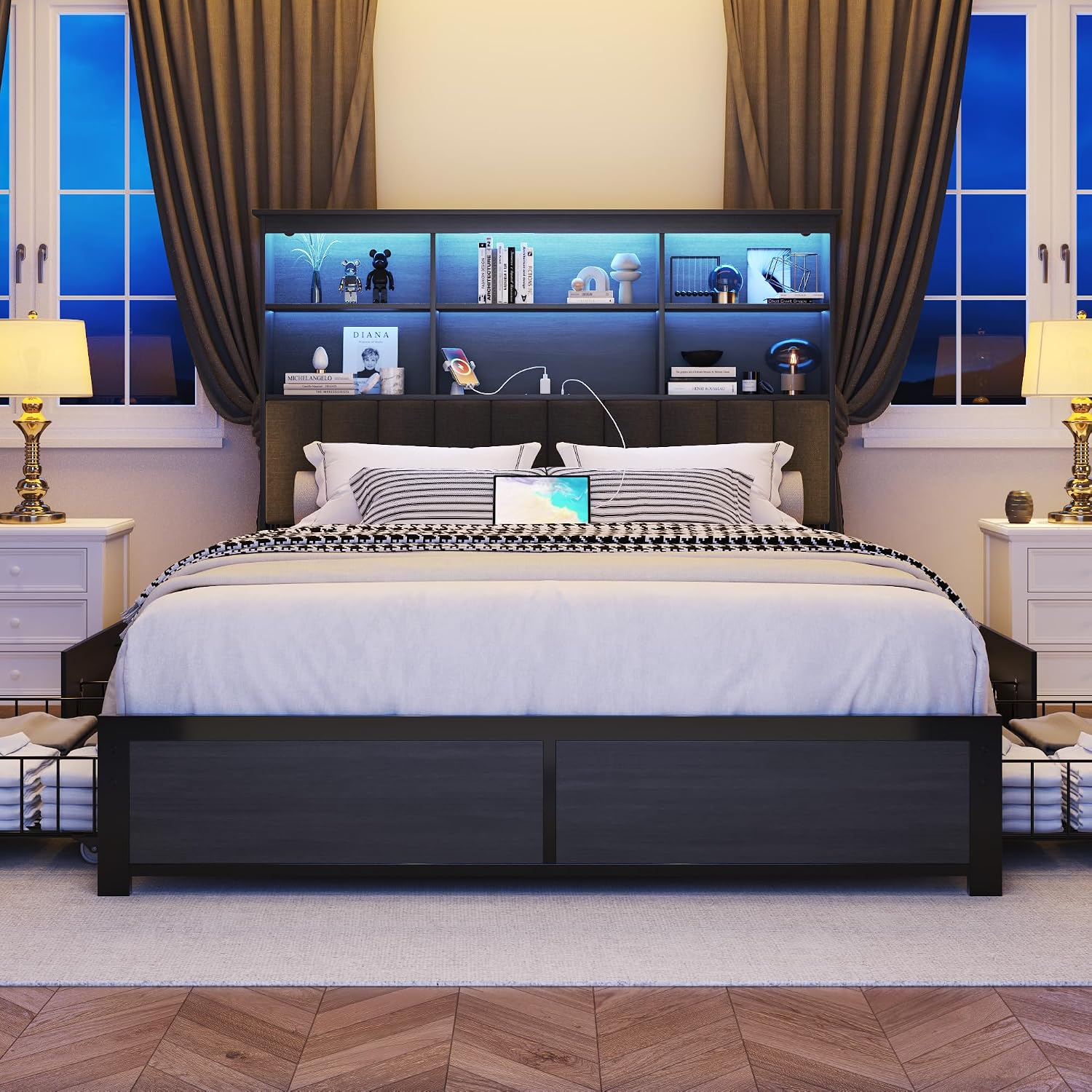 Grey Queen Bookcase Storage Bed