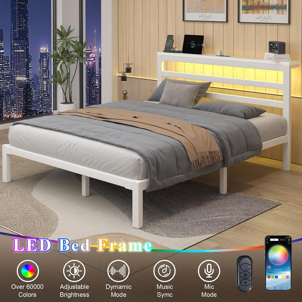 White Full LED Storage Metal Bed Frame