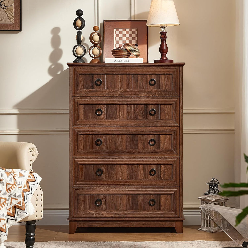 Brown Farmhouse Five Drawer Dresser