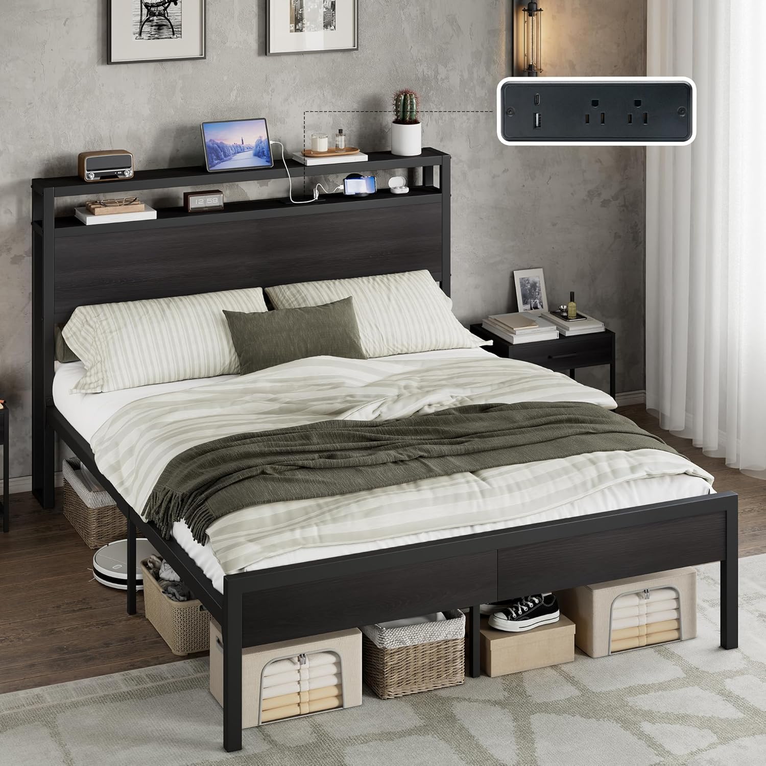 Black Industrial Storage Metal Bed Frame