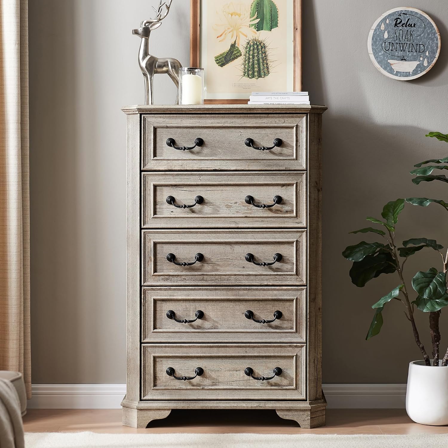 Light Rustic Oak Five Drawer Dresser