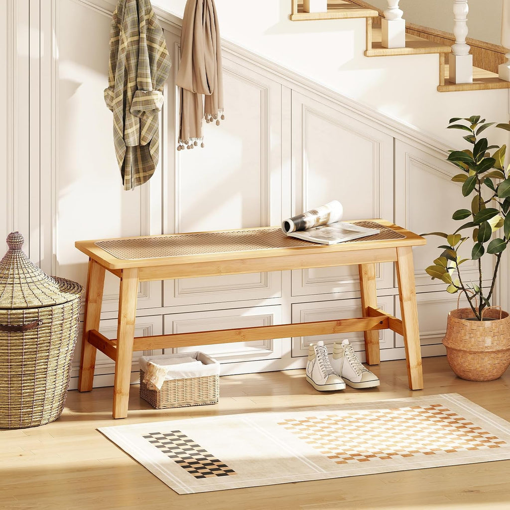 Bamboo Rattan Farmhouse Bench