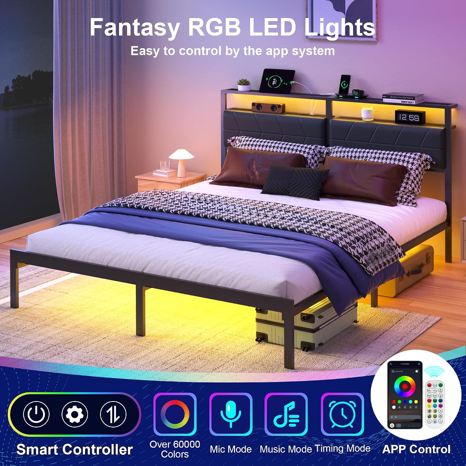 Queen LED Storage Metal Bed Frame