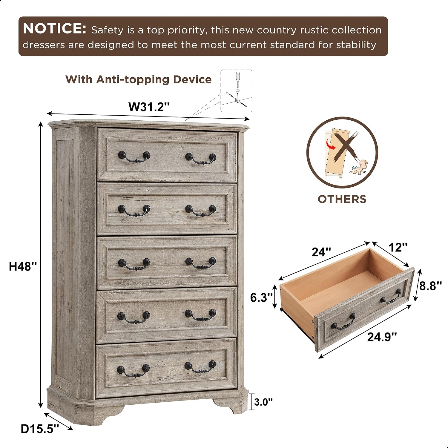 Light Rustic Oak Five Drawer Dresser
