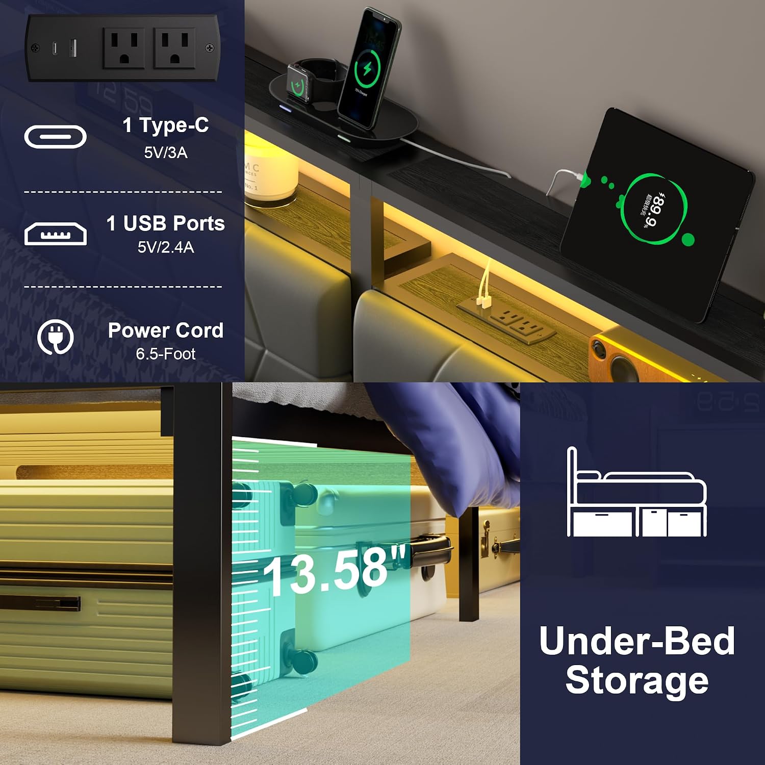Queen LED Storage Metal Bed Frame