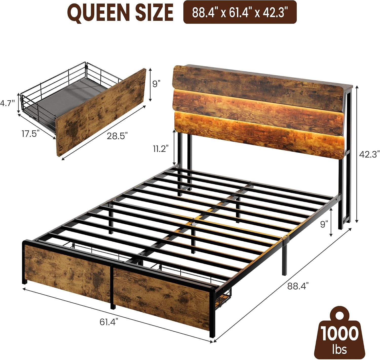Brown Queen LED Storage Bed Frame